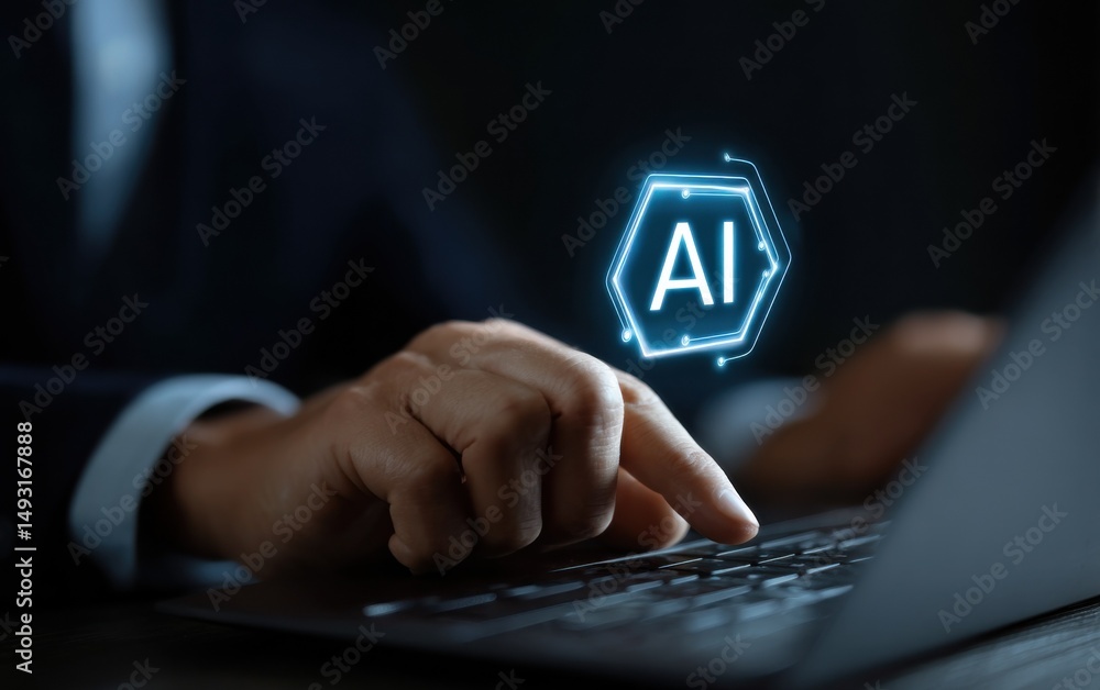 Leinwandbilder Man's Hand Typing on Laptop with Glowing AI Symbol, Representing Digital Transformation and Technological Advancement in Business : Generative AI