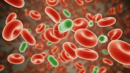 3D rendering of bacterial infection among red blood cells in bloodstream.