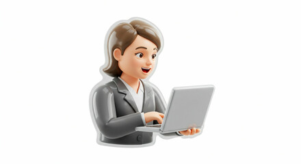 Animated woman cheerfully using laptop
