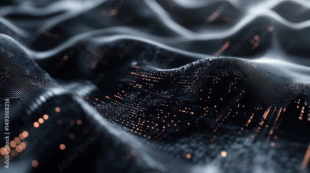 Poster technology mesh, with fine lines and interwoven shapes creating a visual network of data and connect