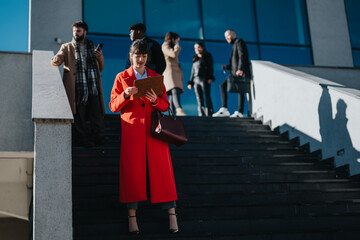 A woman in a red coat carries a clipboard while descending stairs with others in an urban setting....