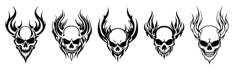 flaming skulls collection black silhouette vector engraving
