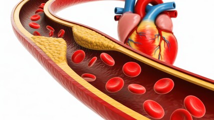 3D view of clogged artery with plaque buildup near the heart.