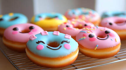 Colorful Cartoon Donuts with Smiley Faces and Fun Toppings