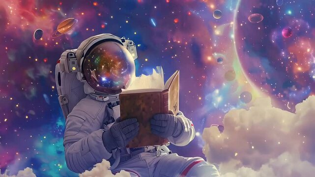 Astronaut reading book in outer space