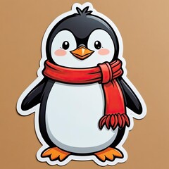 Obraz premium Cute cartoon penguin wearing a red scarf stands against a beige background in a cheerful and playful design