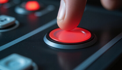 Finger pressing red activation button in technical environment, urgency
