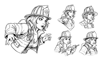 female firefighter character black sketch engraving vector