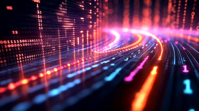 Abstract binary code streams with glowing lines over a dark backdrop