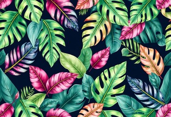 Watercolor tropical palm & monstera leaves seamless pattern with gold lines ,  vibrant,  watercolor