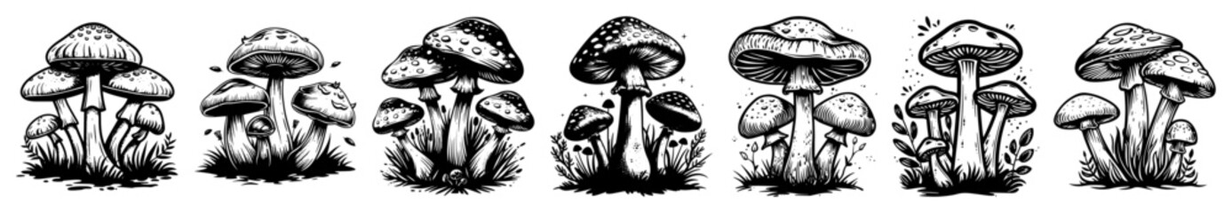 mushrooms forest set engraving sketch vector black