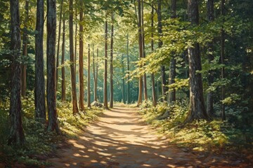 Fototapeta premium Serene forest path with dappled sunlight and tall trees.