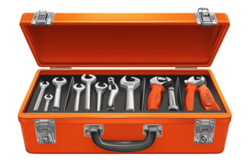 An organized orange toolbox filled with gleaming silver wrenches a symbol of preparedness and on transparent background