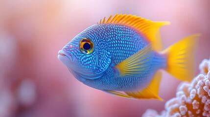 Blue tang fish with bright yellow fins glides peacefully on soft light purple background.