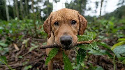 Golden Retriever Puppy in Lush Forest