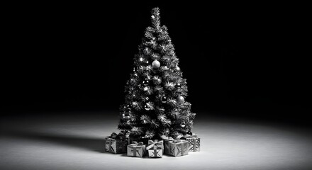 christmas tree,  christmas,  tree, Black and White Christmas Tree with Silver Gifts