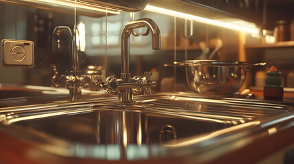 Kitchen sink and faucet with blurry background elements and warm lighting.