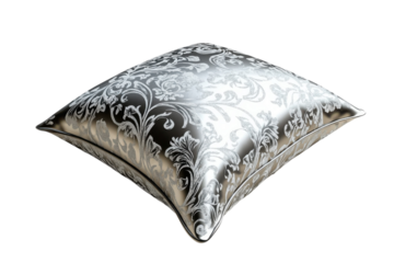 An ornate silver throw pillow radiates luxury inviting restful dreams with shimmering floral on transparent background