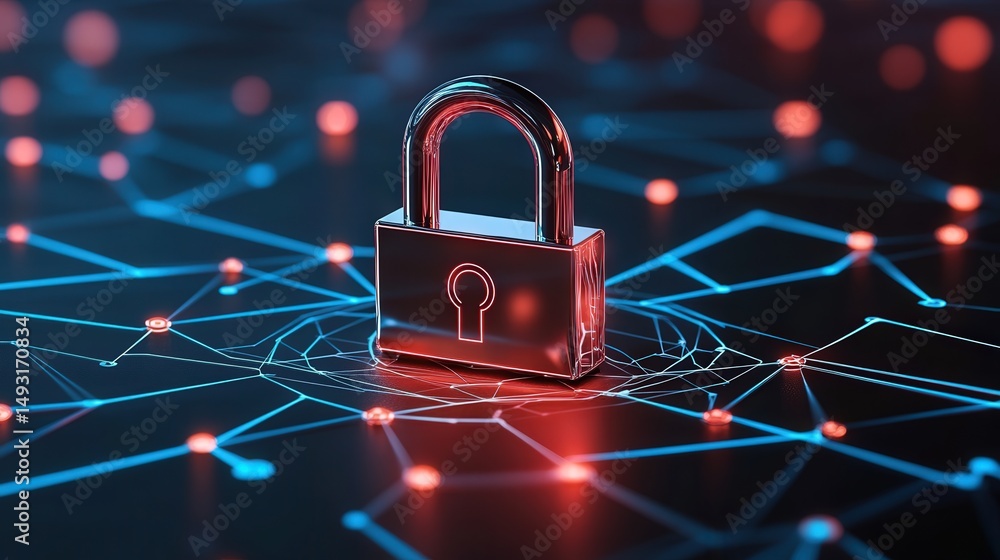 Poster sophisticated and abstract image showing a digital lock surrounded by interconnected data lines, sym