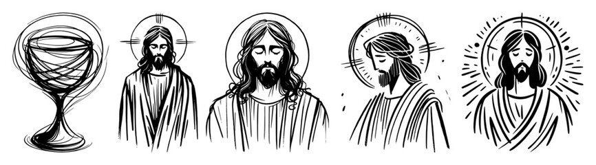 jesus portraits and goblet black engraving vector