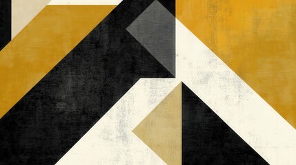 sophisticated graphic design featuring overlapping geometric shapes, like triangles, squares, and rectangles, in a harmonious color palette of gold, black, and white
