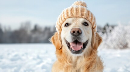 Happy Golden Retriever in Knit Hat, Winter Snow