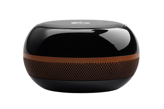 Captivating black audio speaker exudes elegance and sophistication in its design showcased on transparent background