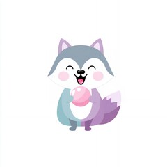 Obraz premium Playful Cartoon Fox with Pink Ball, Pastel Color Palette, Happy Expression, Simple Background