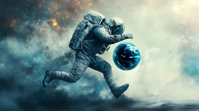 An astronaut playing football with the Earth video an astronaut playing with the Earth video a spaceman playing with the world video an astronaut playing football with the world video