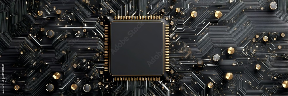 Poster a black circuit board with golden wires and chips, featuring an empty socket in the center. the