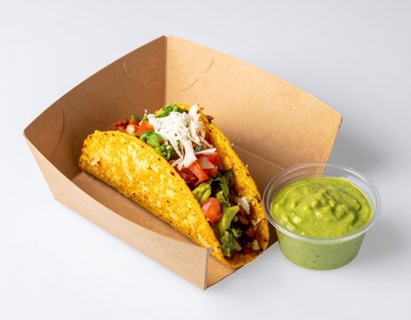 Enjoy a flavorful taco filled with fresh ingredients and a side of smooth guacamole for dipping