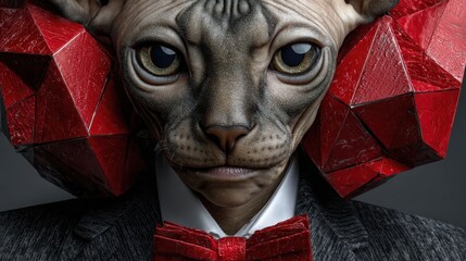 Stylish feline in tuxedo, anthropomorphic cat with a bow tie and unique features, perfect for creative projects or fun themes.