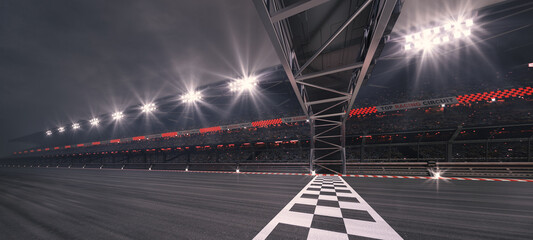 Passing Finish line on a race track with metal gate construction and glowing floodlights illuminating sports racing stadium. Professional 3D illustration for sports advertising.