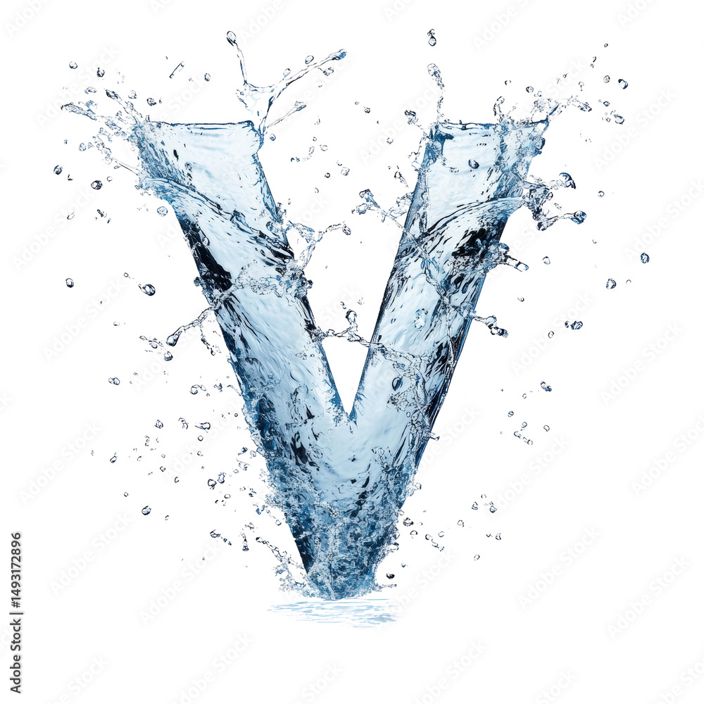 Poster large letter v made of water splash and droplets with a dynamic and refreshing appearance