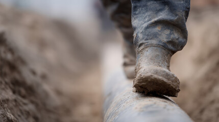 Muddy boots walking on pipe in construction site