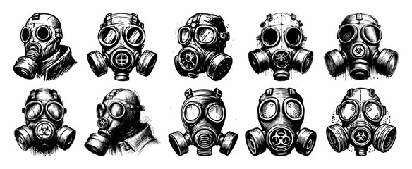 hand drawn gas mask vector set in vintage monochrome style