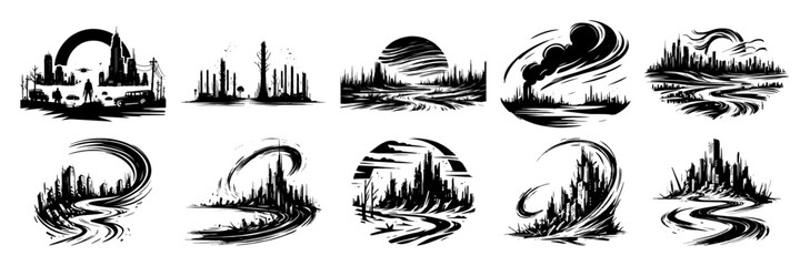 black and white city and nature symbols with swirling lines