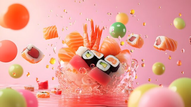 Colorful sushi pieces exploding from a bowl of ice.
