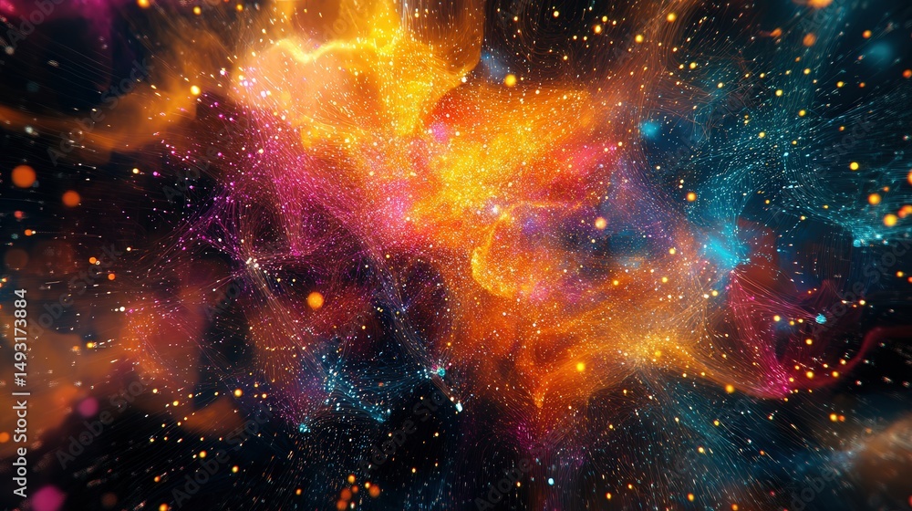 Poster vibrant, abstract technology network background, featuring interconnected digital nodes and encrypte
