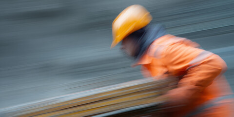 Worker in motion wearing orange jacket and helmet, blurred background