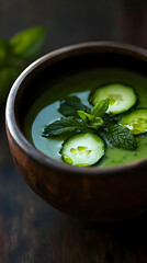 Fresh cucumber soup in a bowl, garnished with mint and cucumber slices