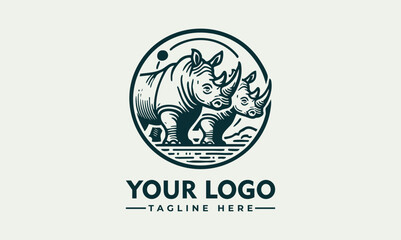 Rhinoceros wildlife emblem, detailed nature illustration of two rhinos in a circular sketch style
