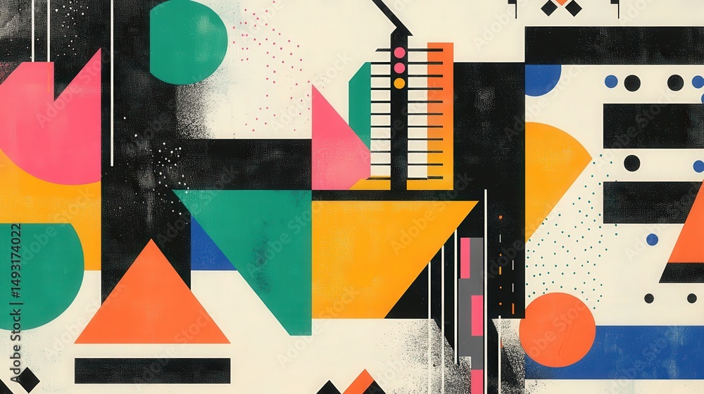 Poster bold graphic design with intersecting lines and angular shapes, including squares and triangles, tha