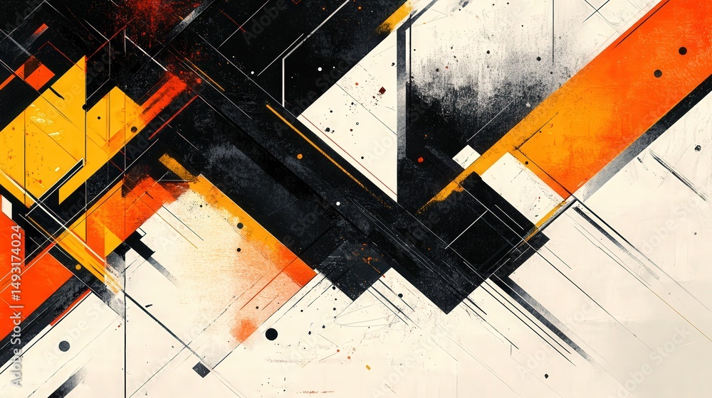 Poster bold graphic design with intersecting lines and angular shapes, including squares and triangles, tha