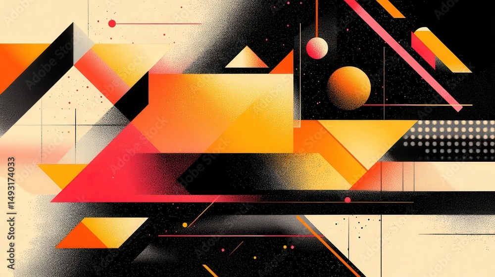 Poster bold graphic design with intersecting lines and angular shapes, including squares and triangles, tha