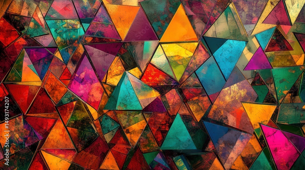 Poster colorful triangle background with overlapping shapes in various sizes and angles, creating a bold an