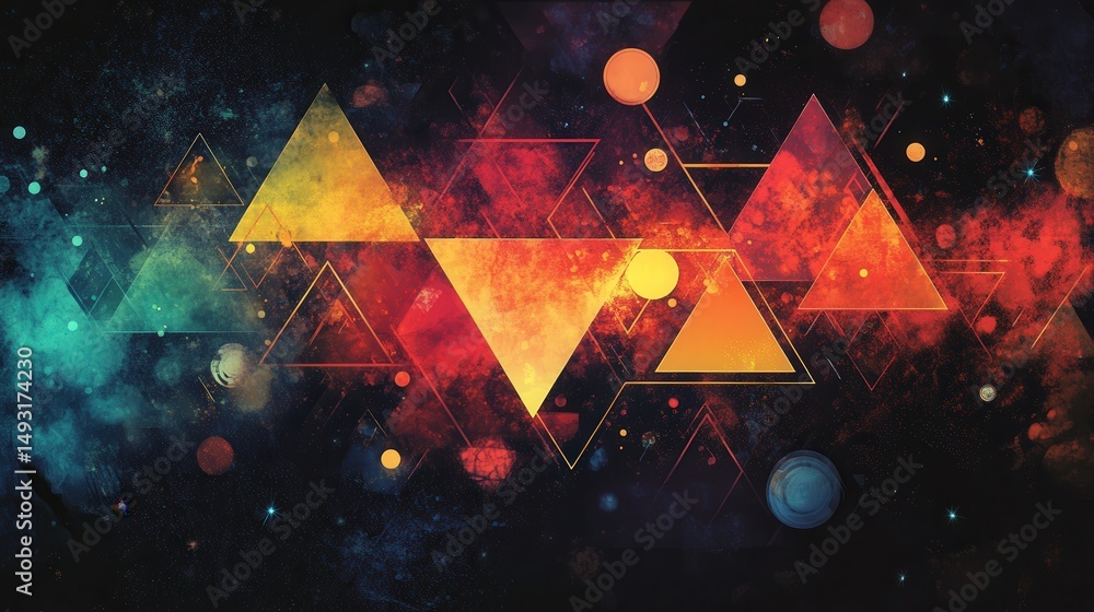 Poster graphic design featuring an array of interlocking triangles, circles, and rectangles in contrasting 