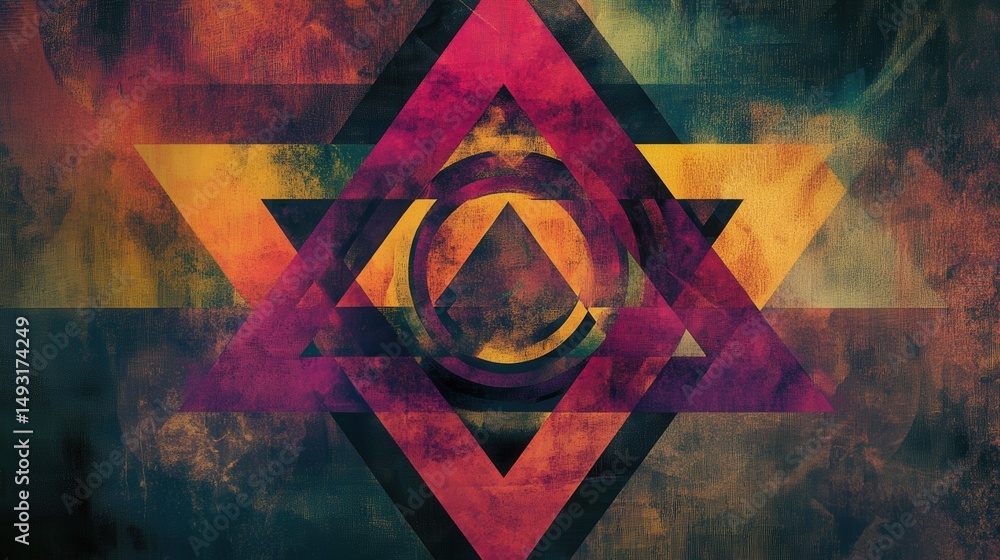 Poster graphic design featuring an array of interlocking triangles, circles, and rectangles in contrasting 