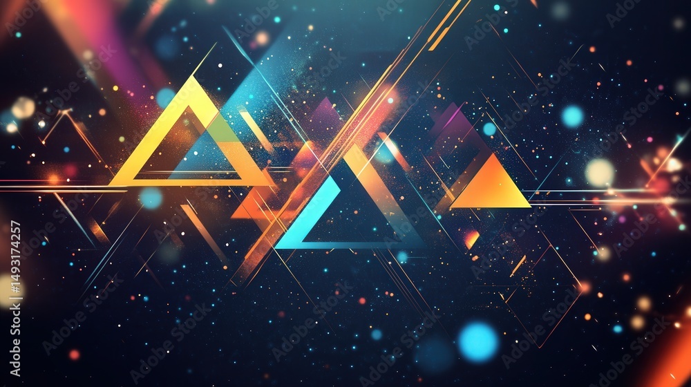 Poster graphic design featuring an array of interlocking triangles, circles, and rectangles in contrasting 
