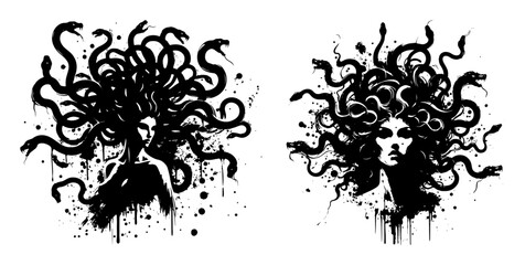 medusa inspired female portraits with snakes in grunge black and white style © Mago